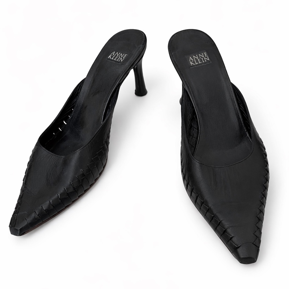 Anne Klein Black Woven Pointed-Toe Mule Heels